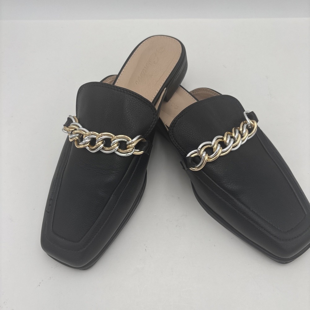Ermonn Women's Black Square Toe Mule Loafers Slip On Chain Accent Shoes Size 7